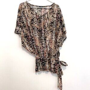 APT. 9 Plus Size Cream Beige Black Brown Snakeskin Snake Belted Tie Mesh Blouse